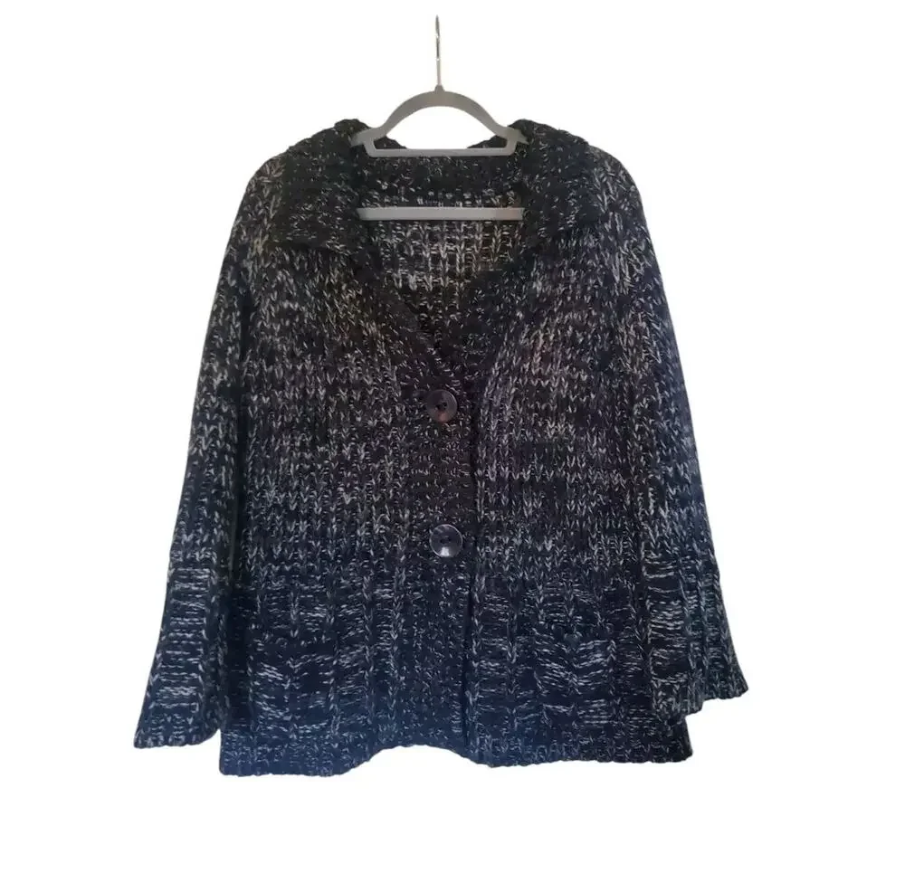 II Sisters Black Grey Shawl Collar Chunky Knit Cardigan Sweater, Women's Large - Picture 1 of 11